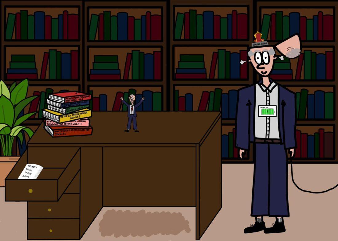 Michael Spence secretly a robot piloted by a smaller, "evil" Michael Spence